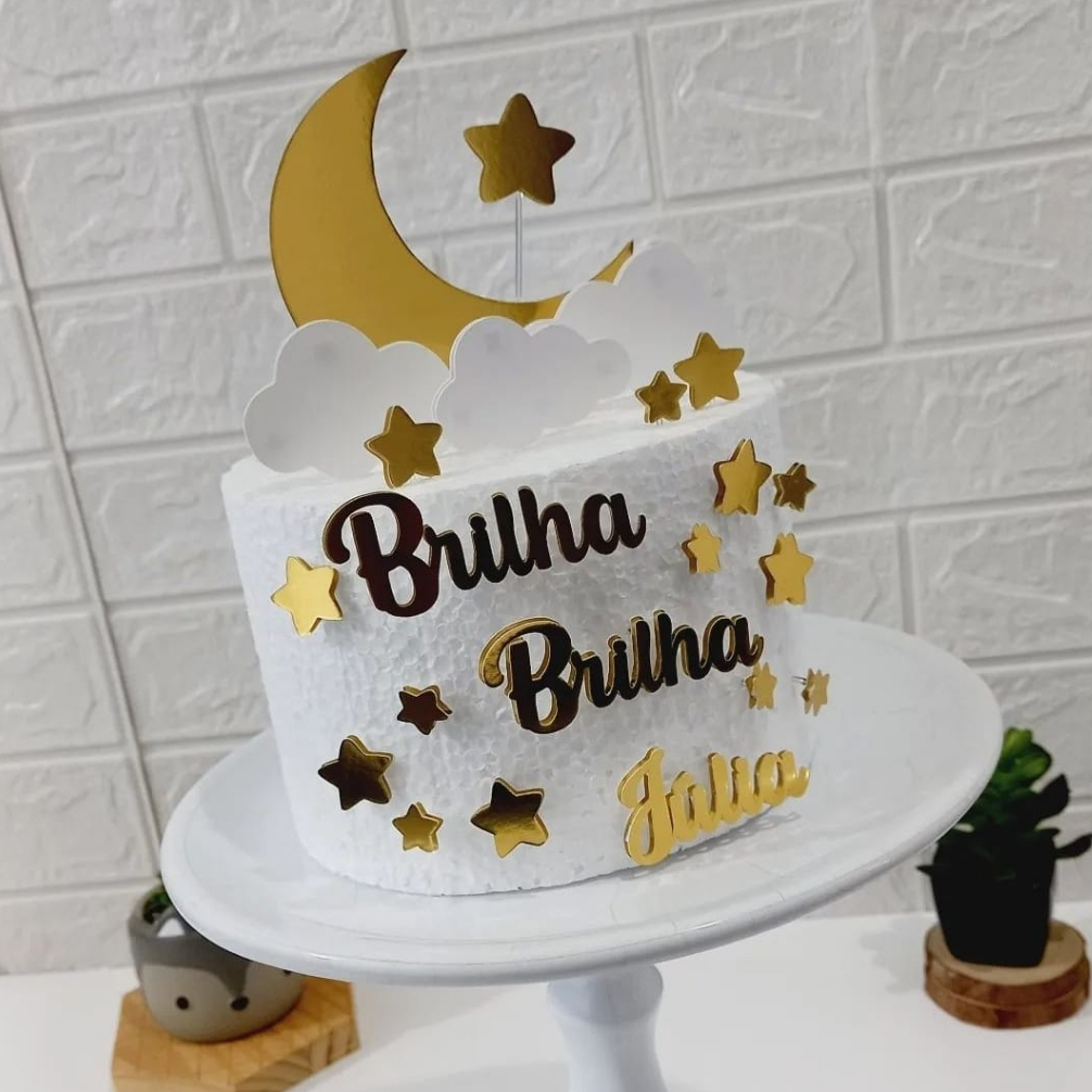 Decoração de bolo com coroa de ouro, estrela, carrossel, lua