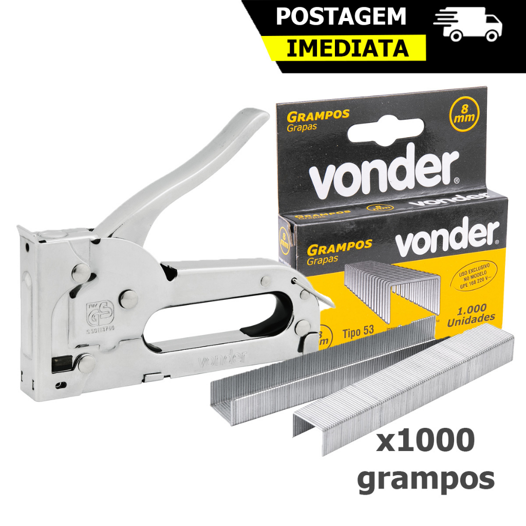 Grampeador Pinador Tapeceiro Marceneiro Manual em Aço Cromado 4-8mm Vonder + 1000 Grampos Ferramentas Profissional