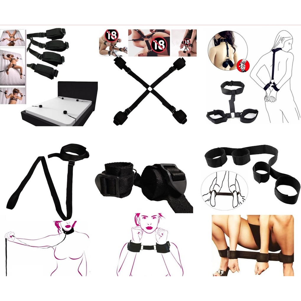 Super Kit BDSM 6 Peças algemas coleira amarra prender na cama em x Bondage Submissão Dominação Sex Shop restringir fetiche