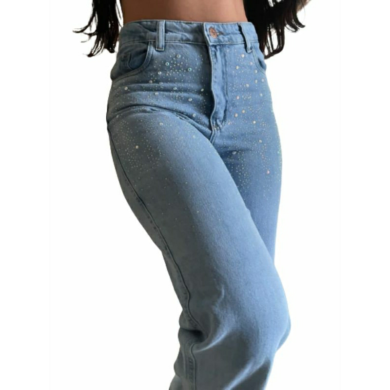 calça jeans wide leg feminina com brilho strass lançamento