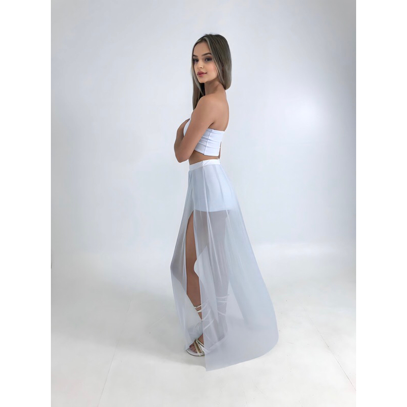 Conjunto feminino top + short com saia longa de tule branco com brilho estilo aniversários festival réveillon praia