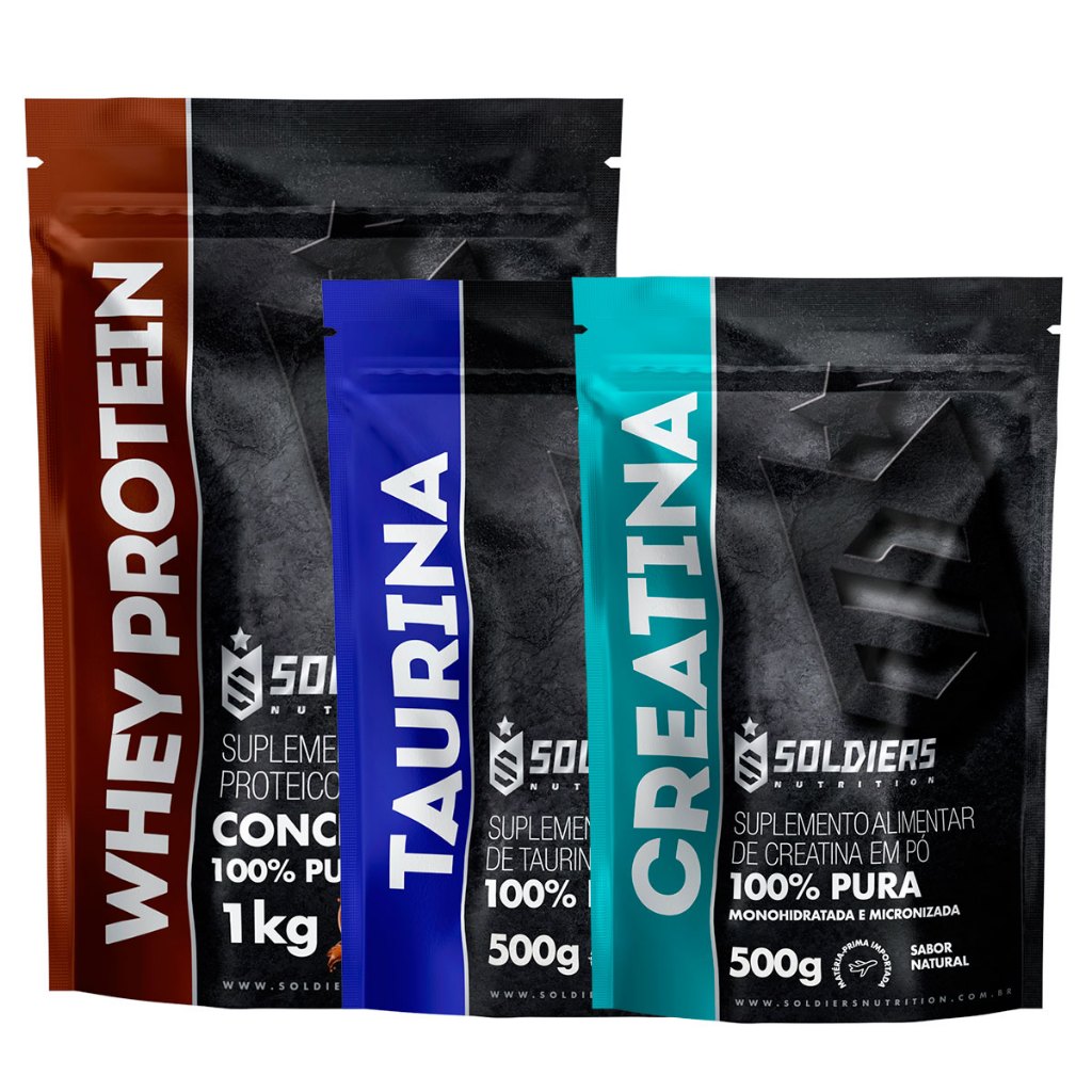 Kit: Whey Concentrado 2kg + Creatina Monohidratada 500g + Taurina 500g – 100% Importado – Soldiers Nutrition