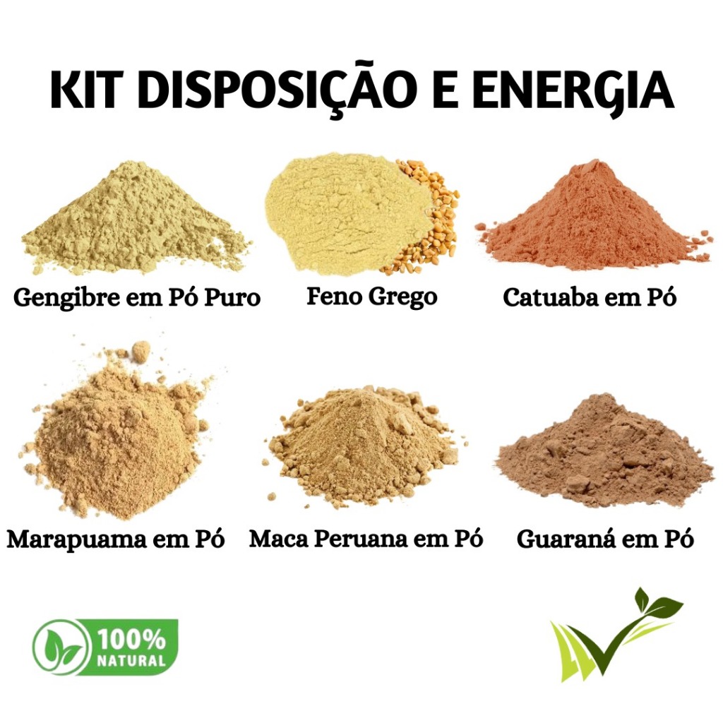 Kit Energético Natural - Feno, Guaraná, Maca Peruana, Marapuama, Catuaba, Gengibre