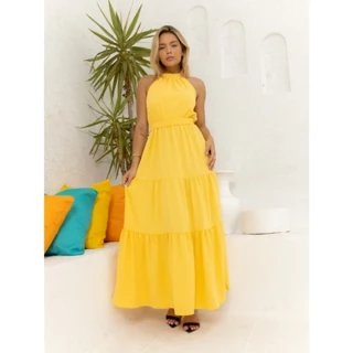 Vestido longo em duna com amarração no pescoço e faixa na cintura- VES-0015 em Oferta na Shopee