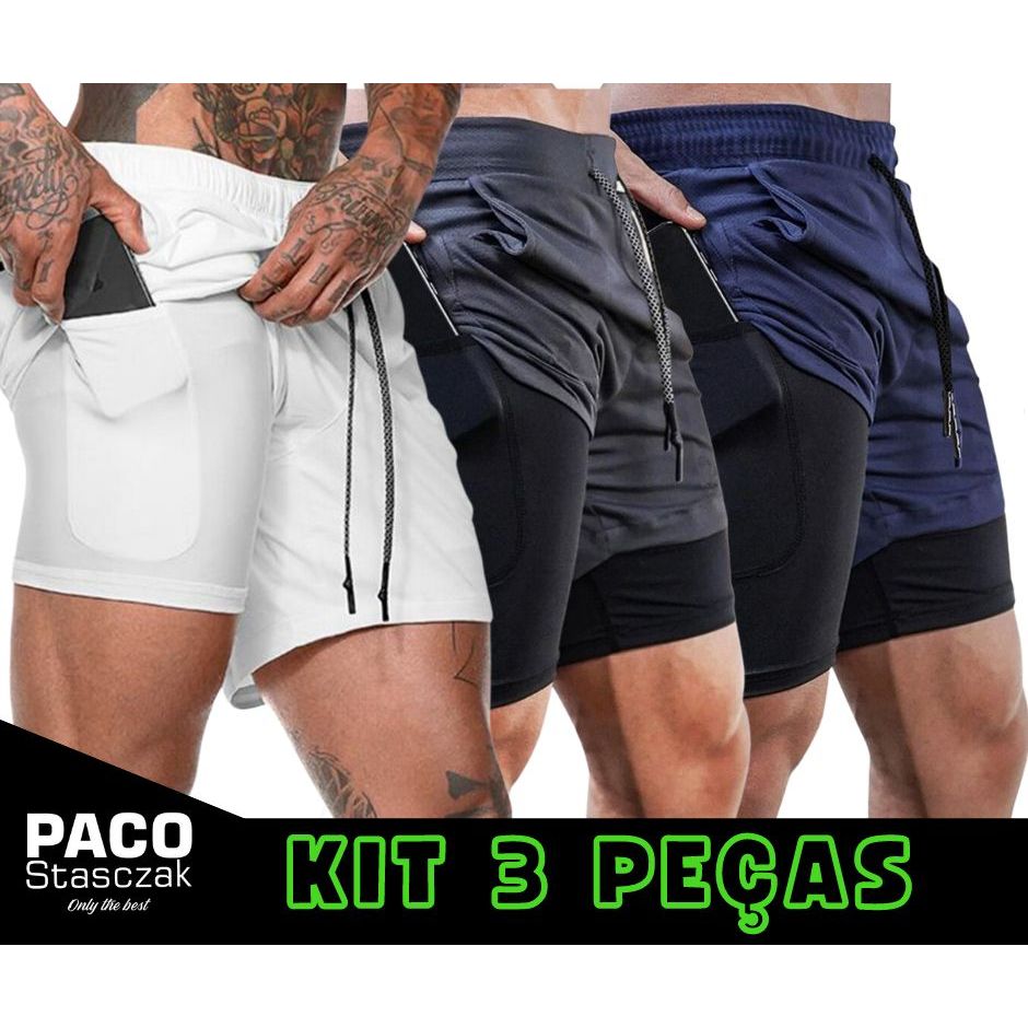 KIT 3 SHORT 2 EM 1 DUPLO PARA TREINOS E CORRIDA DRYFIT