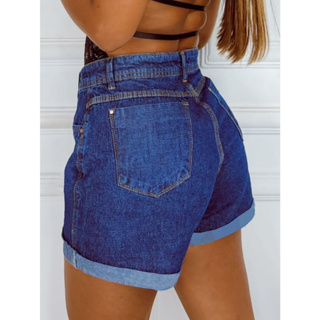 Short Jeans Feminino Bermuda Cintura Alta Hot Pants Botão Bolso Zíper  Simples Barra Dobrada Moda Verão