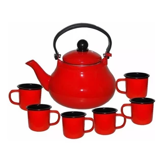 Chaleira Vermelha Esmaltada 1,5 Litros + 6 Canecas Vermelhas