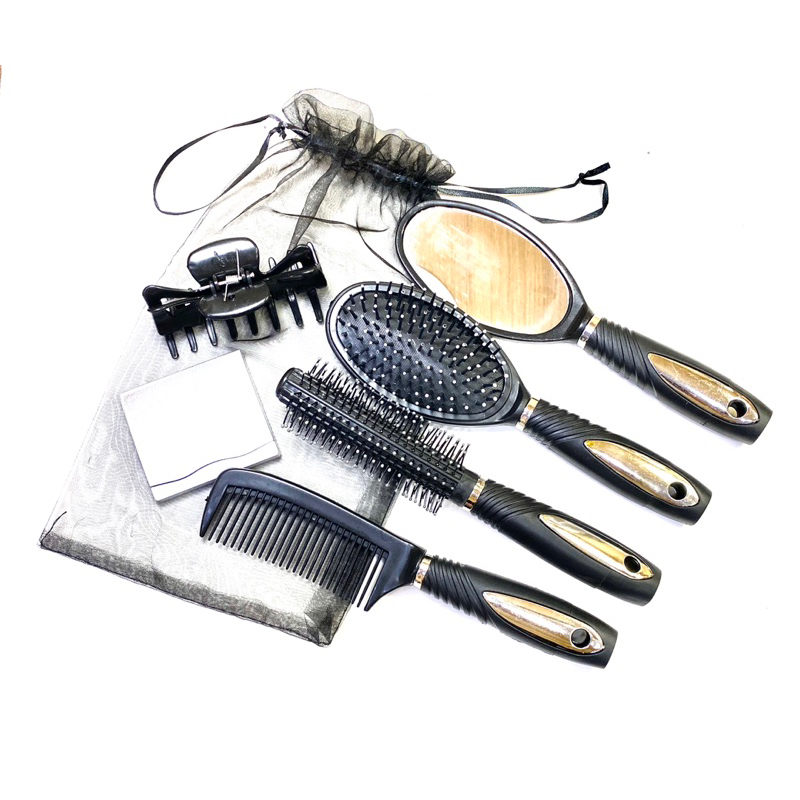 Kit Escova De Cabelo 1 Pente 1 Espelho 2 Escovas 1 Presilha De Cabelo E 1 Espelho Com Aumento