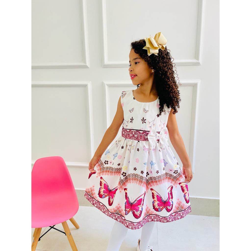 Vestido infantil Menina Estampas Florais Borboletas Tema casual Primavera/Verao evangelico Igreja Laço