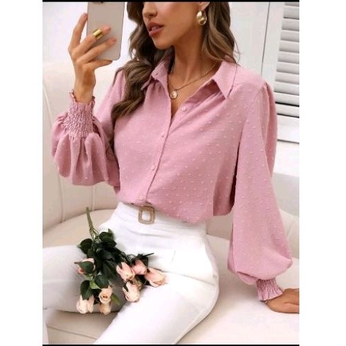 Camisa feminina Blusa Femenina duna pipoca com botoes elastico na manga