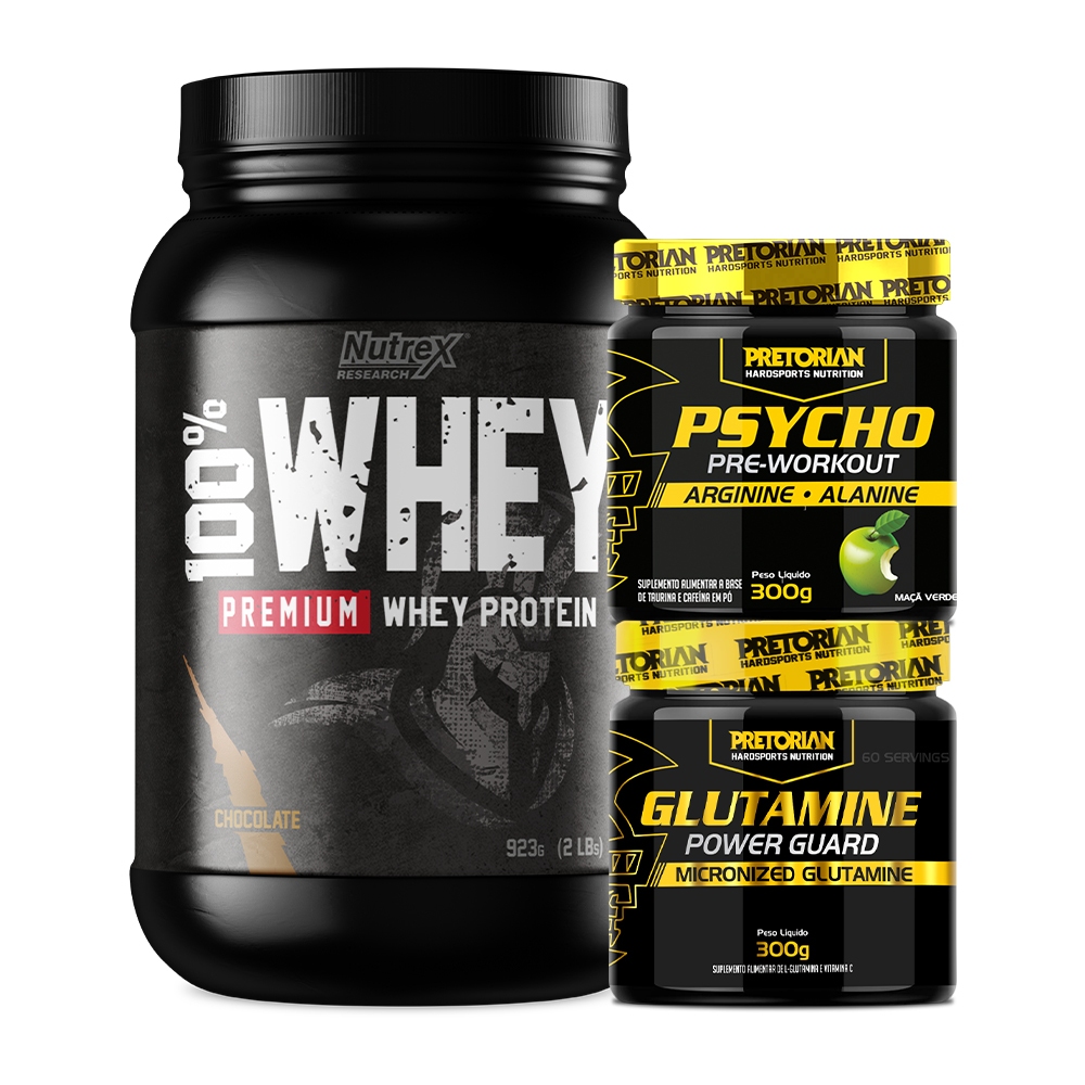 Kit Whey Protein 100% 923g – Nutrex + Pré Treino Psycho 300g + Glutamina 300g – Pretorian