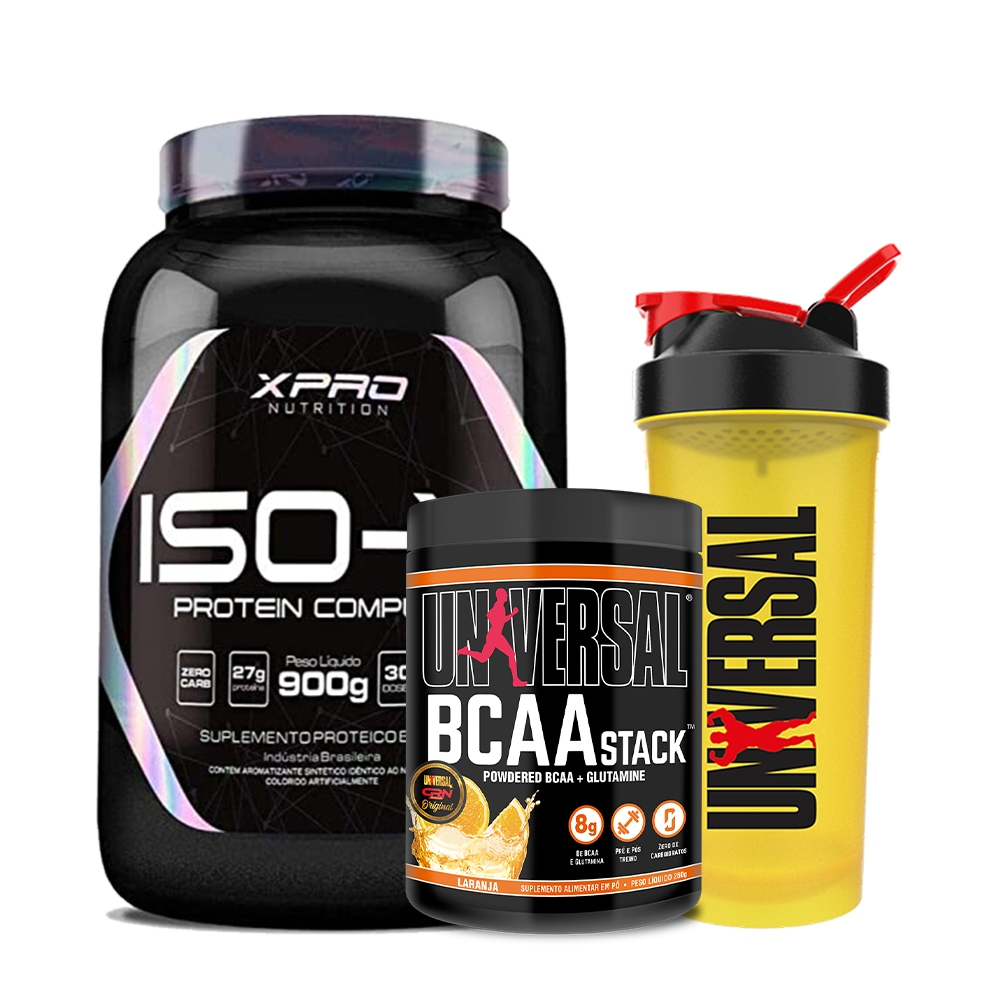 Kit Whey Protein Iso-X 900g – XPRO Nutrition + BCAA Stack 250g + Coqueteleira 600ml – Universal
