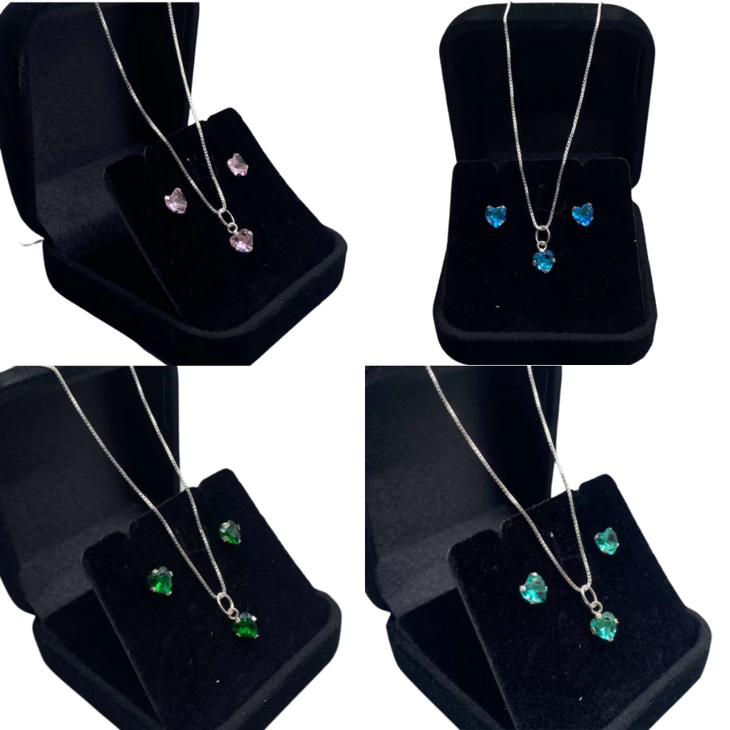 Kit Colar + Brincos Coração Feminino - Várias Cores em Prata 925