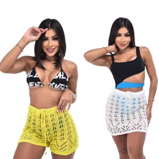 Kit 2 peças Shorts De Trico e Saia De Tricô Saída de Praia Premium Tendência Verão Amarelo e Branco