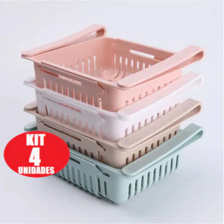 Kit Com 4 Cesto Retratil Orgaizador de Geladeira Multi Uso Para Armazenar Frutas Ovos Lanches Legumes Temperos Em Geral