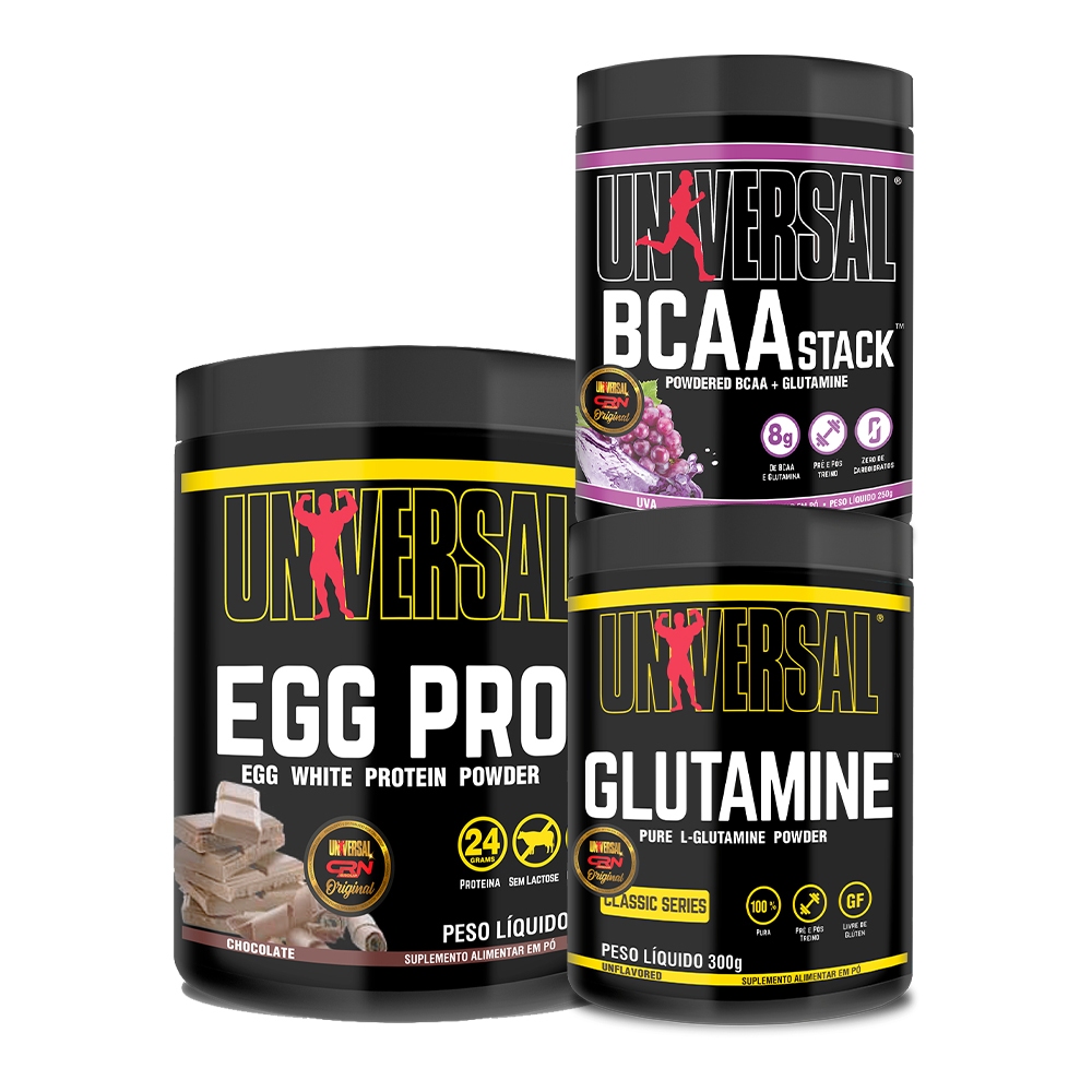 Kit Egg Pro 454g + BCAA Stack 250g + Glutamina 300g - Universal ...