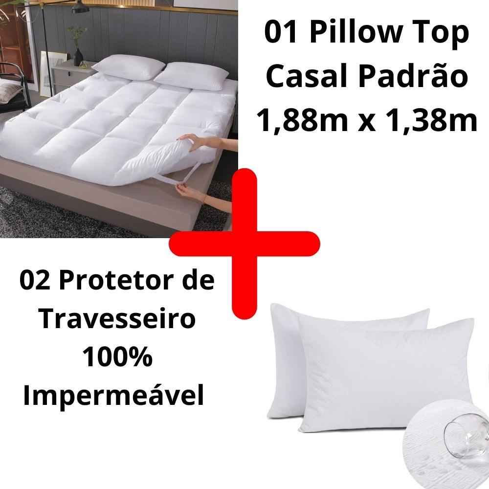 Kit Protetor Pillow Top Colchão Casal Box Topi + 2 Protetor de Travesseiros 100% Impermeável
