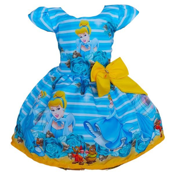 Vestido festa infantil da Cinderela azul com detalhes amarelo