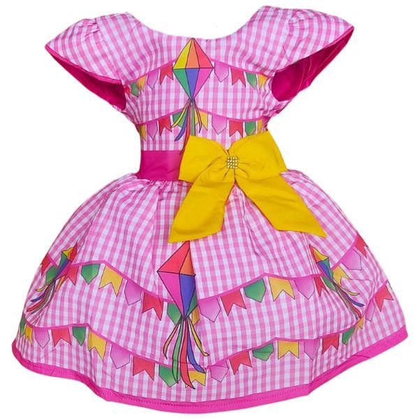 Vestido Infantil de Festa Junina Xadrez Rosa & Corações + Bolsinha