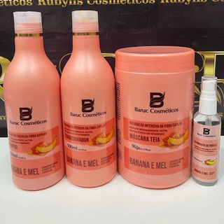 Kit Banana e Mel Baruc Com Efeito Teia Shampoo Condionador Máscara e Reparador
