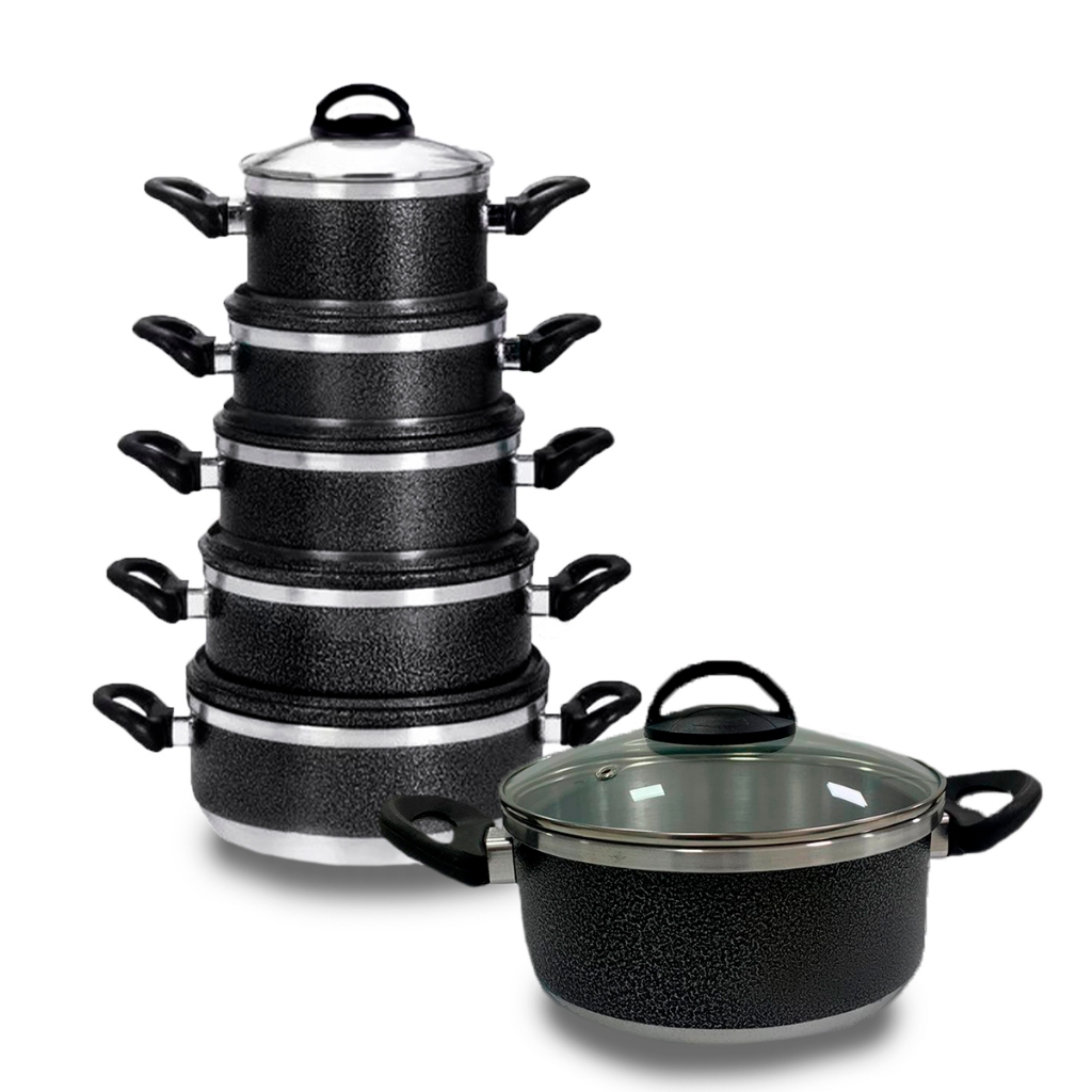 Conjunto De Panelas 5 Peças Alumínio Tampas De Vidro Jogo de Cozinha Corona Premium Vermelho/Preto