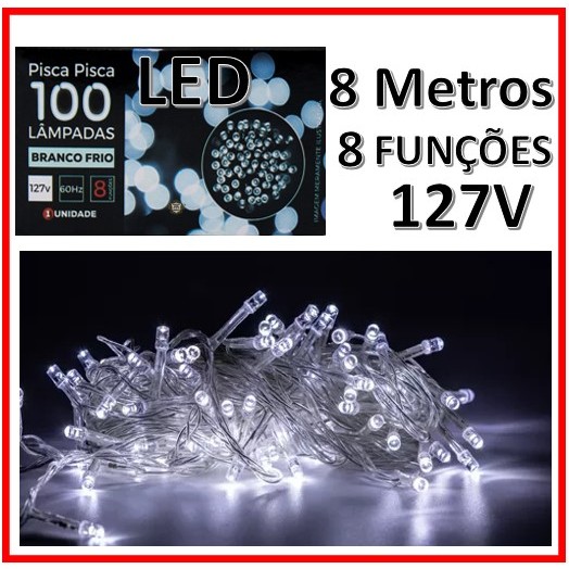 PISCA PISCA 100 LEDS BRANCO FRIO SUPER LED 360 127V 9M 8 FUNCOES FIO  TRANSPARENTE - KL Store Casa & Presentes