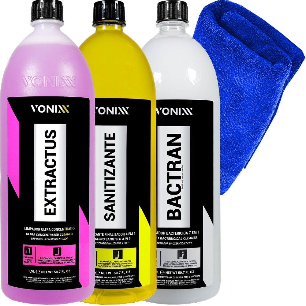 Kit Vsc Vonixx Extractus Bactran e Sanitizante 1,5l Limpa Sofá Estofados + Pano Microfibra
