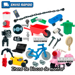 Peças Cenário Blocos de Montar Compatível Brinquedo Bicicleta Skate Lixeira Corrente Ferramentas Baú
