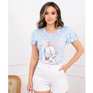 Blusinha T-shirt Basica 3 Marias babado detalhado nas suas mangas Delicada Mulher Casual Promoção Oferta Relampago