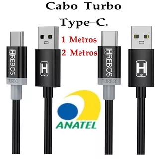 Cabo Type-C Turbo 3.1A Carregamento Rápido Preto – 1 e 2 metros HRebos original HS-26 HS-100