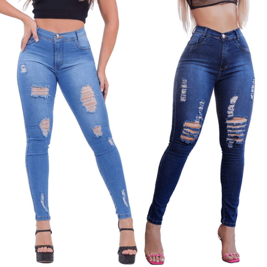 Calça Jeans Feminina Cintura Alta Empina Bumbum Com Lycra Skinny Rasgadinha  Apertadinha Novidade Lançamento 2023