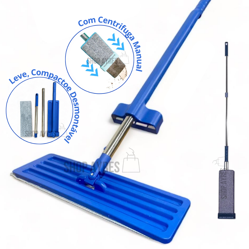 Esfregão Rodo Mop Mágico Inteligente FLAT 360° Graus Flexível PUXA E SECA Limpeza Casa Limpa Fácil Microfibra Alto Absorção