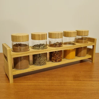 Kit 5 Potes De Vidro Porta Tempero Condimentos 120ml Com Suporte E Tampa Em Bambu