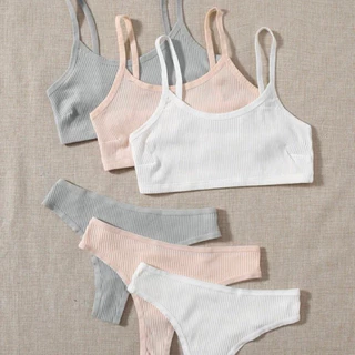 Conjunto de Lingerie Canelado Top + Calcinha de Algodão Sem Bojo Várias Cores