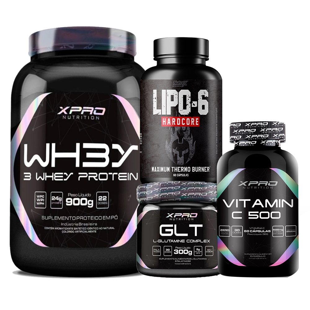 Kit Lipo 6 Black – Nutrex + Whey Protein 3W 900g + Glutamina 300g + Vitamin C – Xpro Nutrition