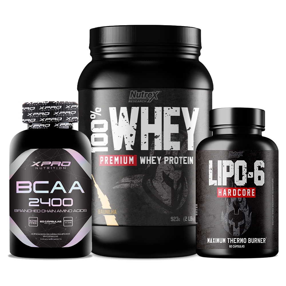 Kit Whey Protein 100% 923g + Termogênico Lipo 6 Black – Nutrex + BCAA 2400 60 Cáps – Pretorian