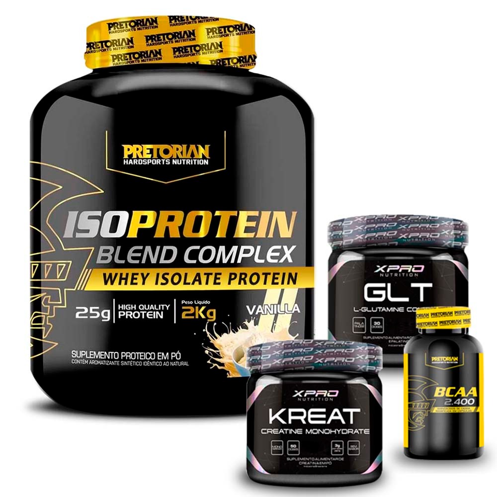 Kit Whey Protein Isolado 2Kg + BCAA 60 caps + Glutamina 150g + Creatina 150g – Pretorian