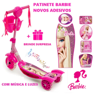 Patinete Infantil Barbie Musical Rosa Lilás Menina 3 Rodas Com Luzes Freio Cestinha Altura Ajustável