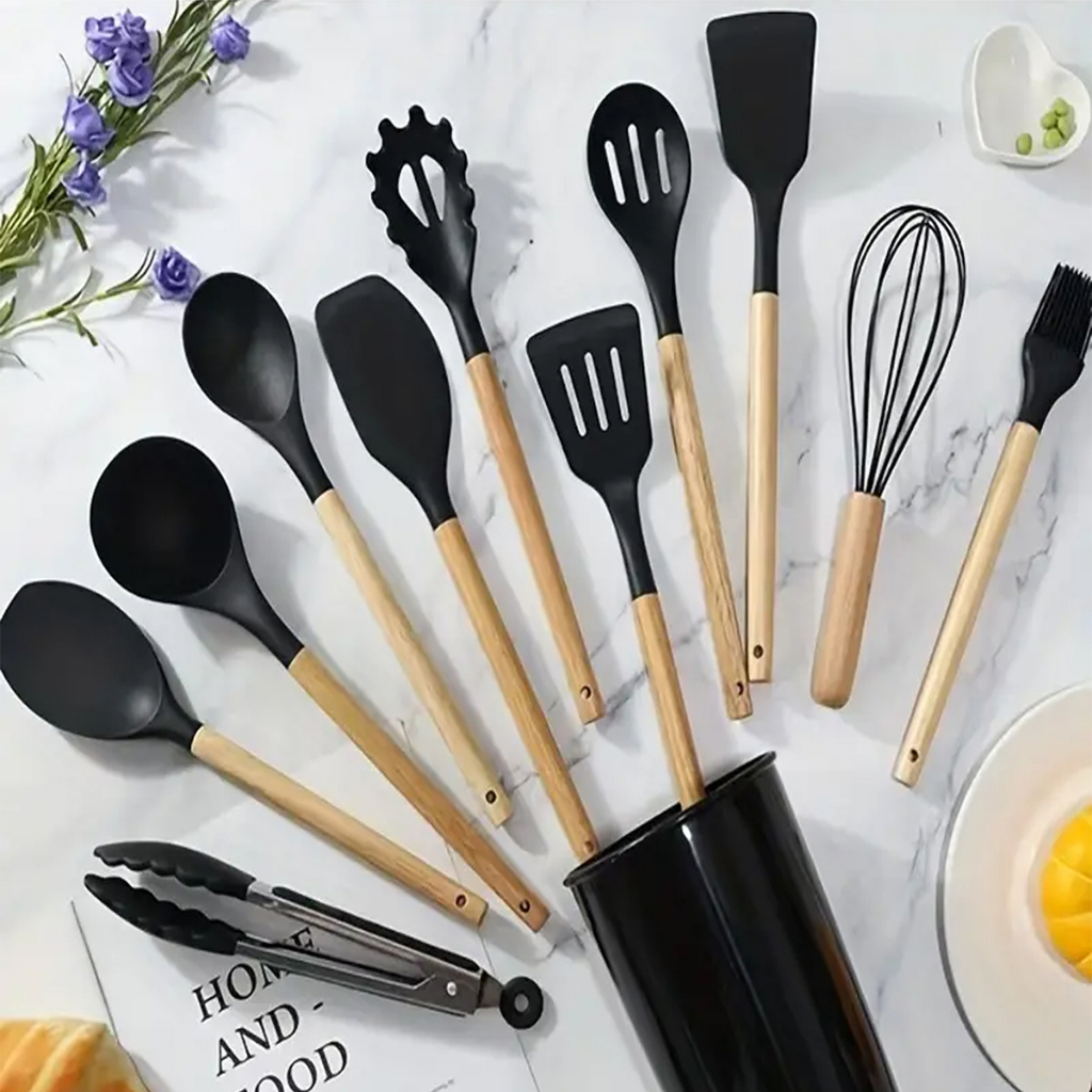 Jogo Utensílios de Cozinha em Silicone Madeira 12 Peças Preto - Máquinas,  Equipamentos e Utensílios Domésticos para Bares, Restaurantes, Lanchonetes,  Supermercados, Cozinha Industrial.