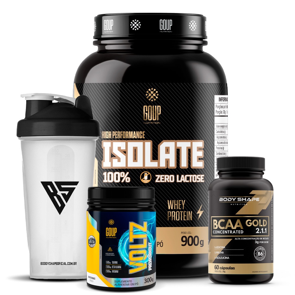 Whey Zero Lactose 900g + Pré-treino Voltz 300g + BCAA Gold 60 caps + Coqueteleira
