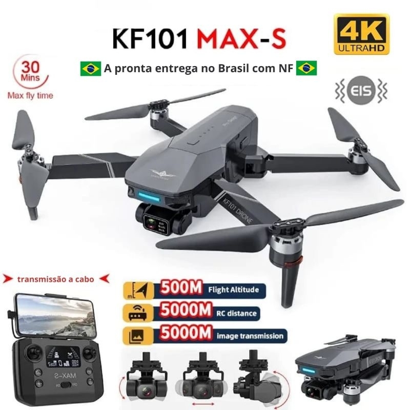 Drone KF101 Max-S Câmera 4k GPS 5km Gimbal 3 Eixos Retorno Automático + Maleta