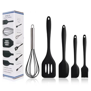 Kit 5 Peças Jogo De Utensílios Cozinha Em Silicone Servir Colher Concha Fouet Espátula