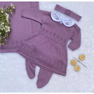 Saída de maternidade menina vestido Gabriela lilás tricot 5 peças
