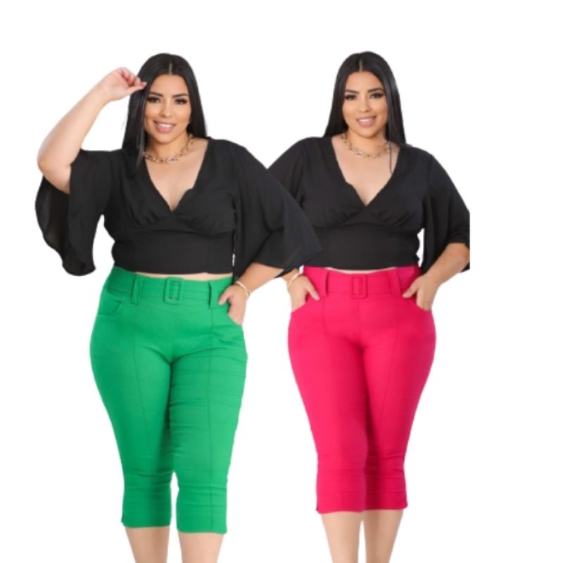 Calça Feminina Capri Plus Size Tecido Modelador + Cinto