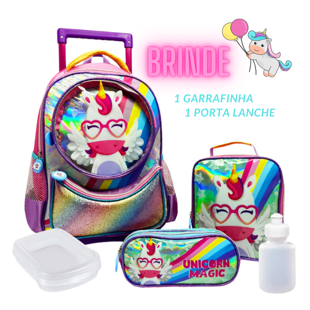 Kit Escolar Mochila de Rodinhas Estojo Lancheira Infantil - Colorido