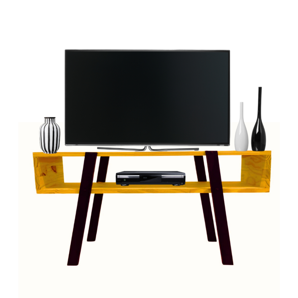 Rack Estilo Industrial Para Tv Madeirado Pinus E Tubos Cor Preto