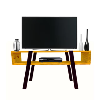 Rack Estilo Industrial Para Tv Madeirado Pinus E Tubos Cor Preto