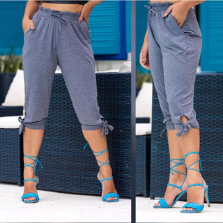 Calça Capri Cinza bermuda Capri de em malha Viscolycra com laço Shorts Cintura alta Confortável cós alto Viscolino