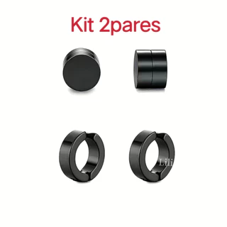 Kit Brinco pressão de argola + Brinco ima magnética Preto para masculinos unissex