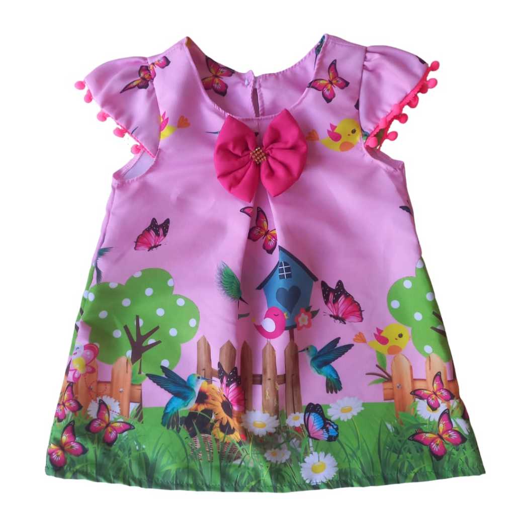 Vestido Infantil Branco Com Borboletas Rosas Pink - Trapézio